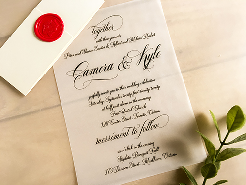 Invitation 2279: Red Wax - This is a single card vellum print invitation with a white gold belly band and red wax seal embellishment.