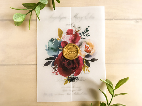 Invitation 2280: Gold Wax - This is a gate fold vellum design with a gold wax seal with the word love on it.  There is a red floral bouquet printed on the cover.