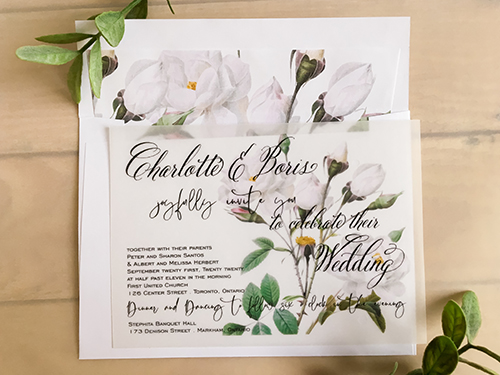 Invitation 2281:  - This is a single card vellum print invitation.   There is a large white floral graphic along with black text in a landscape setup.