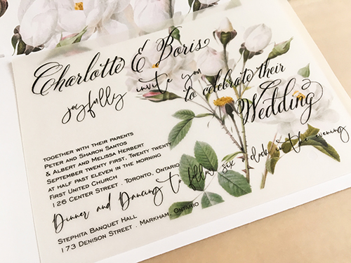 Invitation 2281:  - This is a single card vellum print invitation.   There is a large white floral graphic along with black text in a landscape setup.