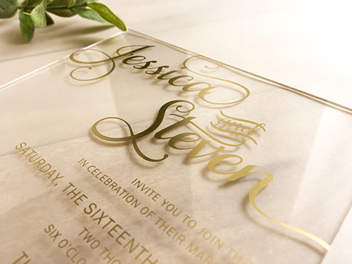Invitation 2286: Acrylic - Clear, Frosted, Mirror, Colored Acrylic Plastic PVC Wedding invitation.  UV printed, available in different thicknesses.