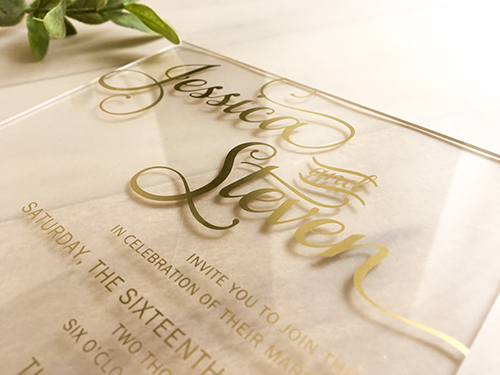 Invitation 2286: Acrylic - Clear - Clear, Frosted, Mirror, Colored Acrylic Plastic PVC Wedding invitation.  UV printed, available in different thicknesses.