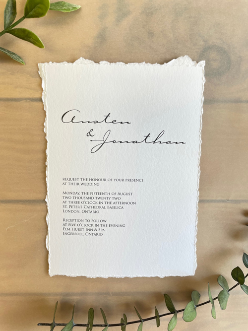 Invitation 2287: Cotton - This is a deckle edge wedding invitation.  The paper is a premium white cotton paper with torn edges.