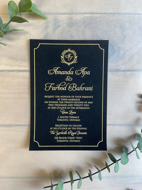 Invitation 2289:  - Black Velvet material invitation with a gold foil pressed print design!