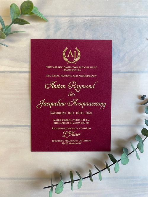 Invitation 2289:  - Black Velvet material invitation with a gold foil pressed print design!