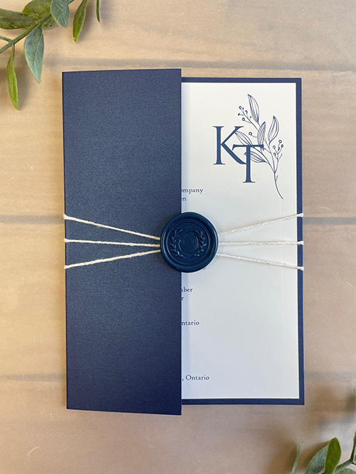 Invitation 2290: Navy Pearl, Cream Smooth, Navy Wax, String Ribbon - Gate fold invite with navy folder, string and navy wax seal.