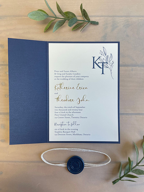 Invitation 2290: Navy Pearl, Cream Smooth, Navy Wax, String Ribbon - Gate fold invite with navy folder, string and navy wax seal.