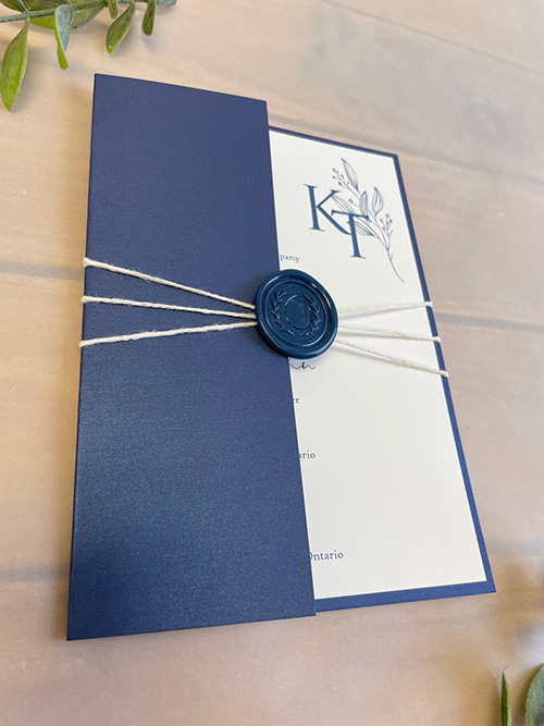 Invitation 2290: Navy Pearl, Cream Smooth, Navy Wax, String Ribbon - Gate fold invite with navy folder, string and navy wax seal.