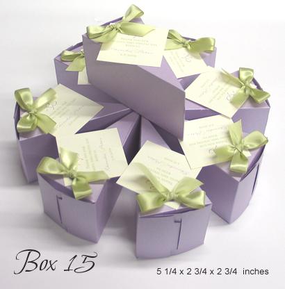 Favour Box Box15: Lilac Pearl, Honeydew Ribbon - This is a piece of cake shaped favour box.  It's great for holding a little bit more items then the smaller boxes.