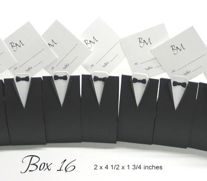 Favour Box Box16: Black Linen - This is a tuxedo design shaped favour box.  It goes well next to the bride shaped box.