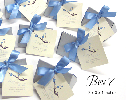 Favour Box Box7: Blue Plasma Pearl, Blue Mist Ribbon - Toblerone shaped box great for edible treats like candies, almonds, chocolates.