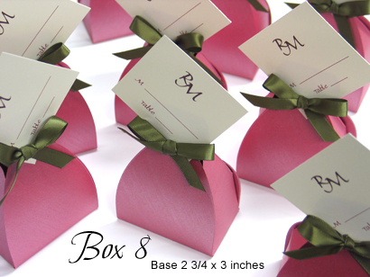 Favour Box Box8: Raspberry Pearl, Sage Ribbon - This is a dress shaped favour box.  Looks great with the tuxedo style box next to it.