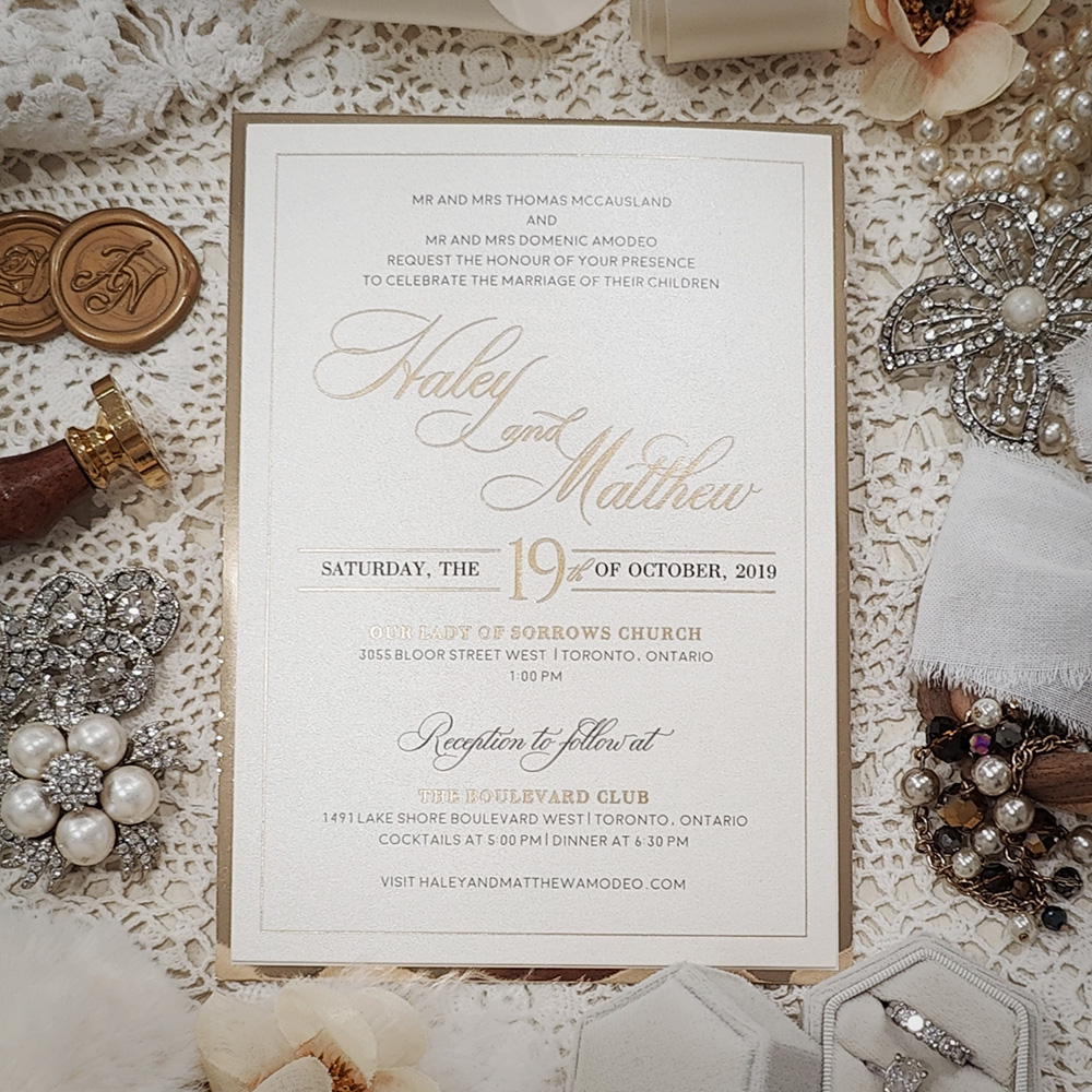 Invitation 5201: Ivory Pearl, Gold Mirror - gold foil and black ink invitation on ivory shimmer paper with gold mirror backing