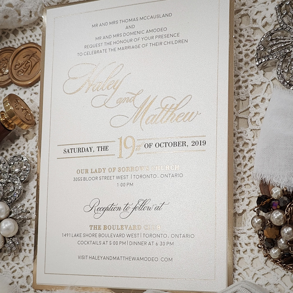 Invitation 5201: Ivory Pearl, Gold Mirror - gold foil and black ink invitation on ivory shimmer paper with gold mirror backing