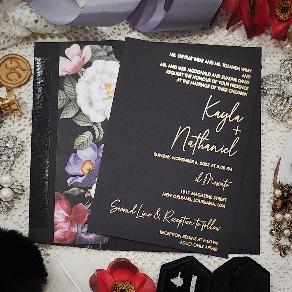 Invitation 5202: Matte Black - Black invitation with gold foil print