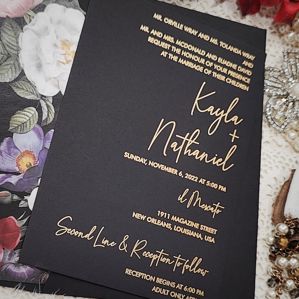 Invitation 5202: Matte Black - Black invitation with gold foil print