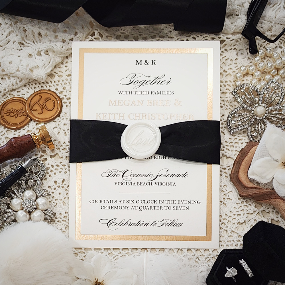 Invitation 5205: Ivory Shimmer, Ivory Wax, Black Ribbon - gold foil invite on ivory shimmer with black ribbon and ivory wax seal