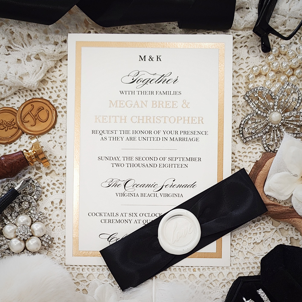 Invitation 5205: Ivory Shimmer, Ivory Wax, Black Ribbon - gold foil invite on ivory shimmer with black ribbon and ivory wax seal