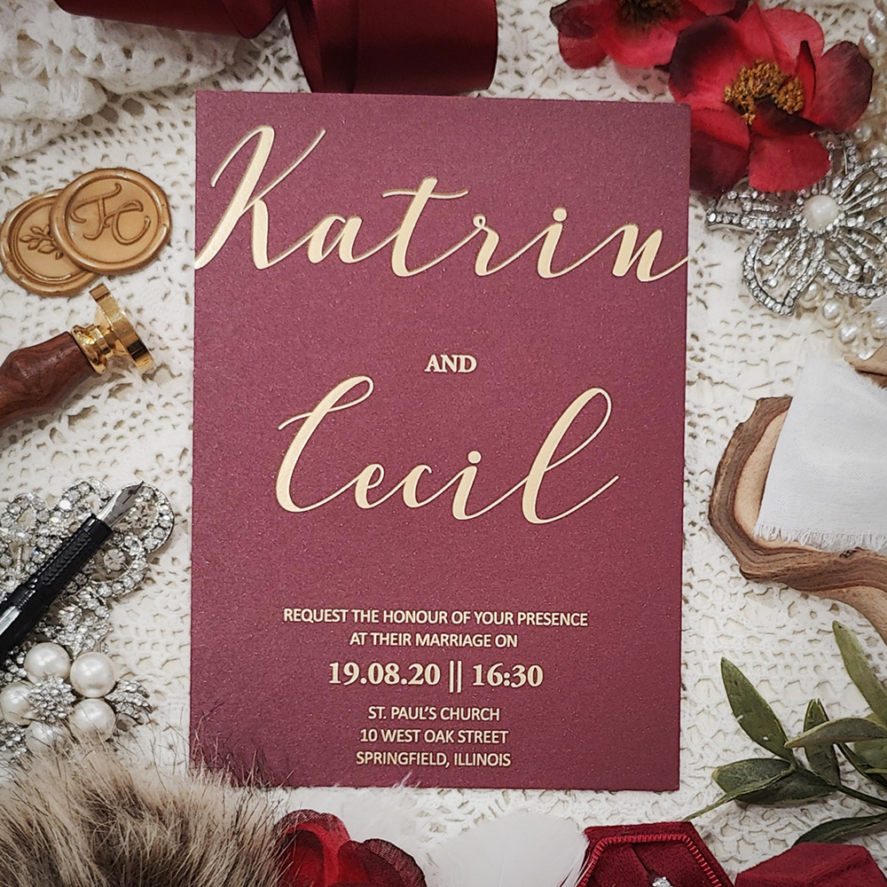 Invitation 5208: Burgundy Linen - burgundy invitaton printed in gold foil