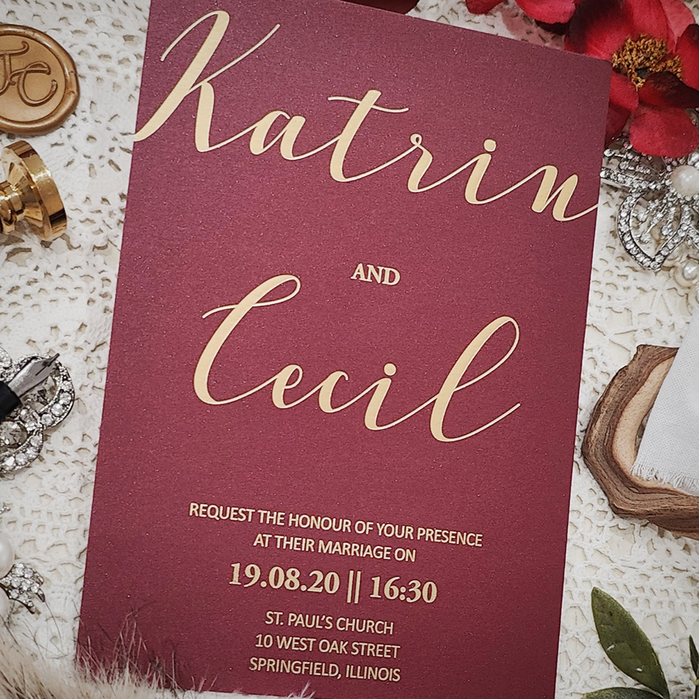 Invitation 5208: Burgundy Linen - burgundy invitaton printed in gold foil