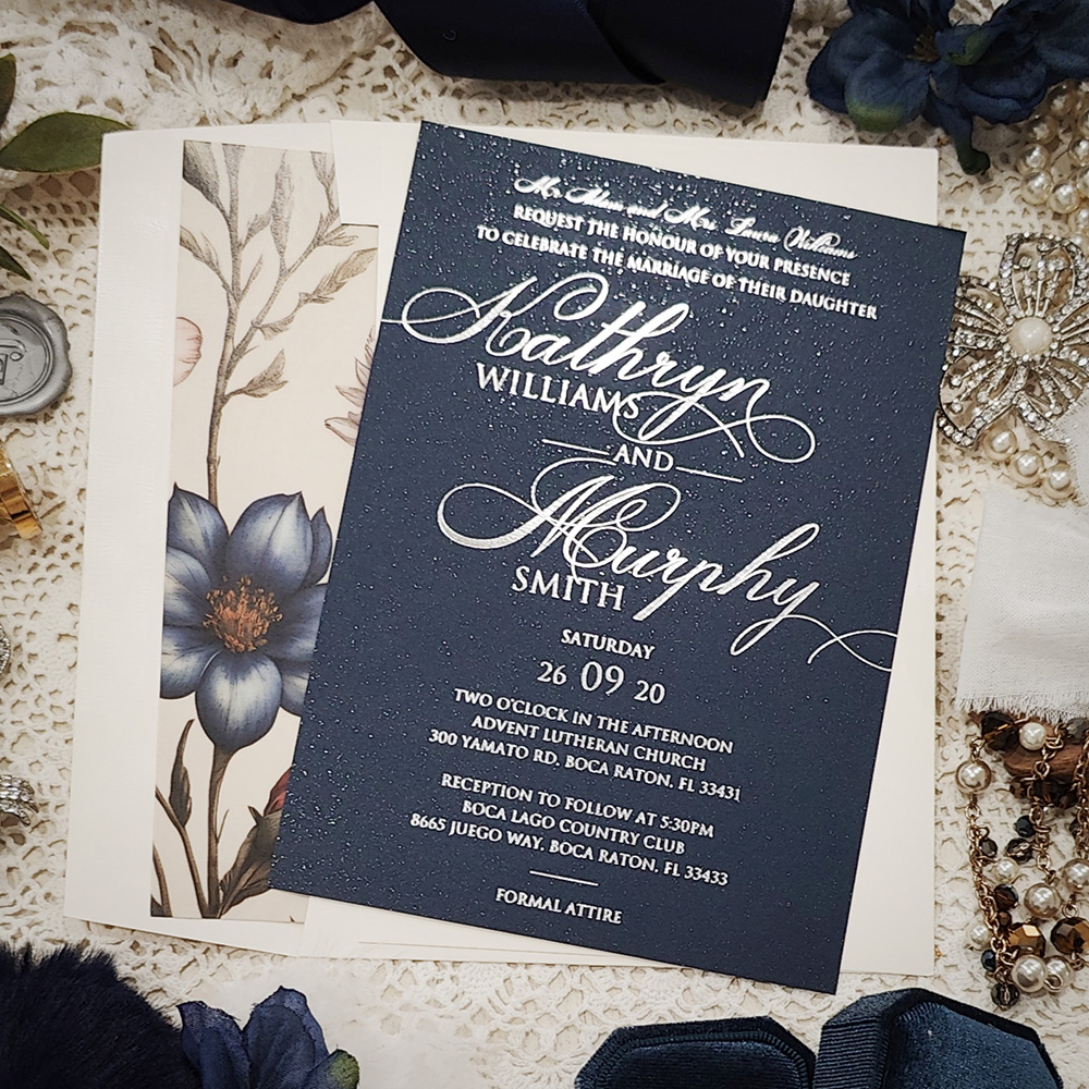 Invitation 5210: Navy Pearl - silver foil on navy stock