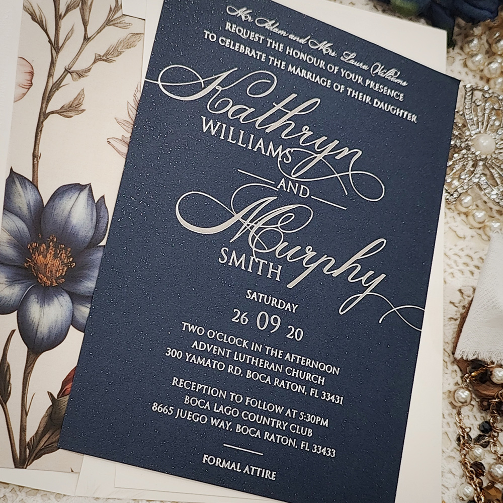 Invitation 5210: Navy Pearl - silver foil on navy stock