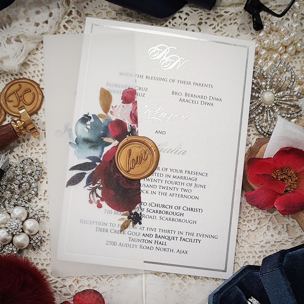 Invitation 5211: Ivory Shimmer, Gold Wax - Silver foil invitation on ivory shimmer with floral vellum wrap and wax seal
