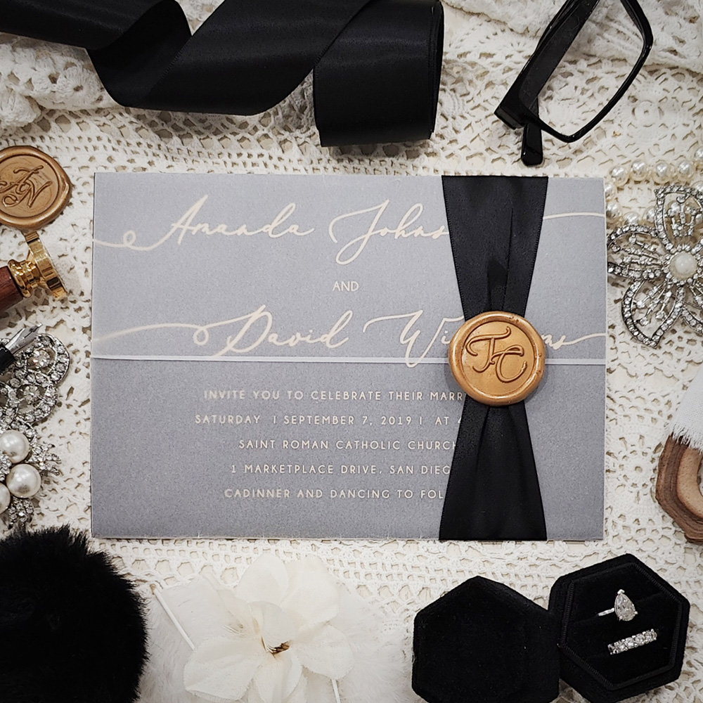 Invitation 5213: Matte Black, Gold Wax, Black Ribbon - gold foil invite on black shimmer paper with vellum wrap and black ribbon and gold wax seal