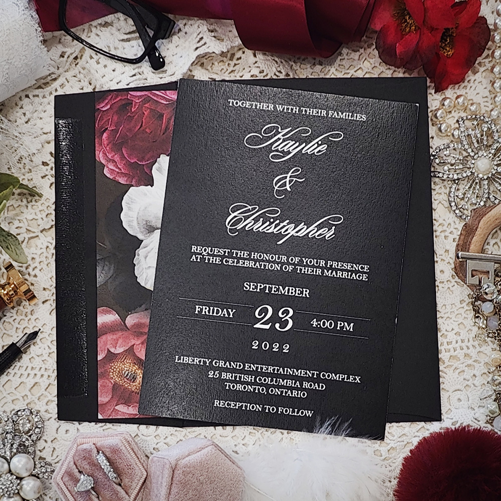 Invitation 3700: Black Pearl - White ink printing on a black pearl paper.