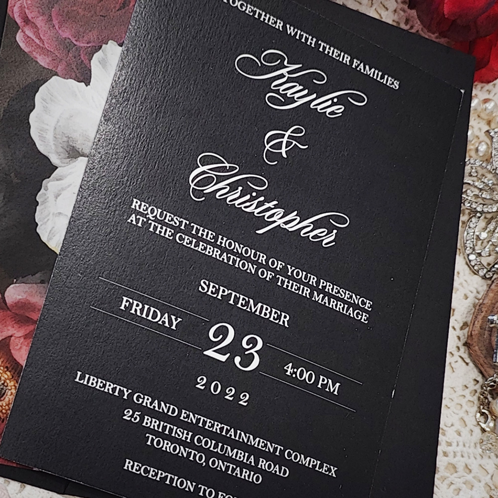 Invitation 3700: Black Pearl - White ink printing on a black pearl paper.