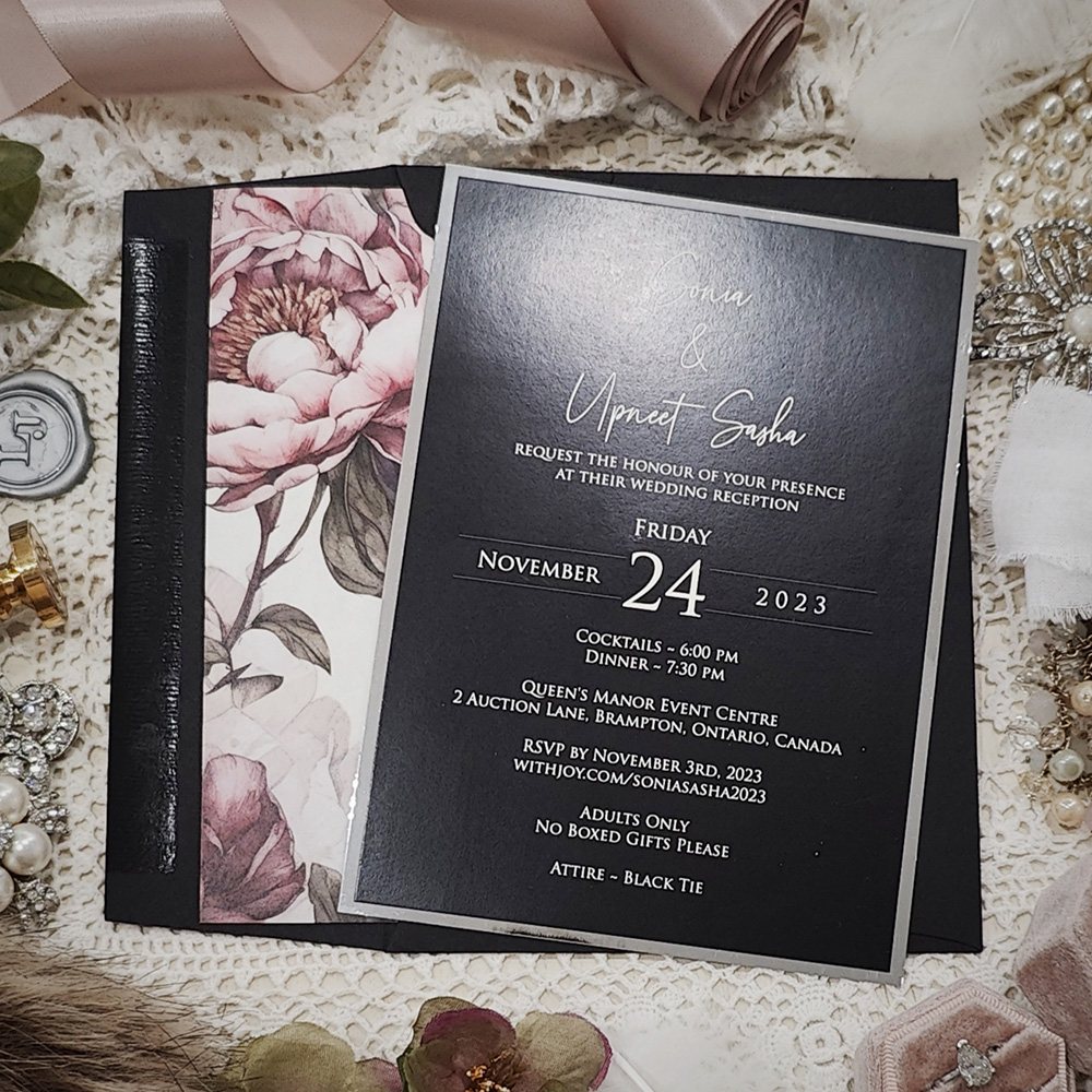 Invitation 3704: Matte White, Silver Mirror - Solid black printing on white paper with a silver mirror layer backing.