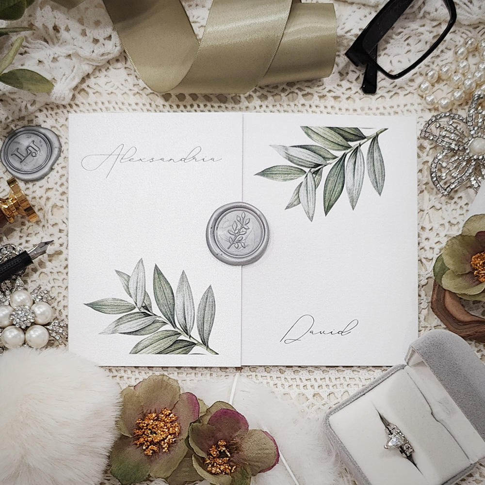 Invitation 3302: Ice Pearl, Silver Wax - Gatefold wedding card with a green floral print on cover along with silver branch wax seal.