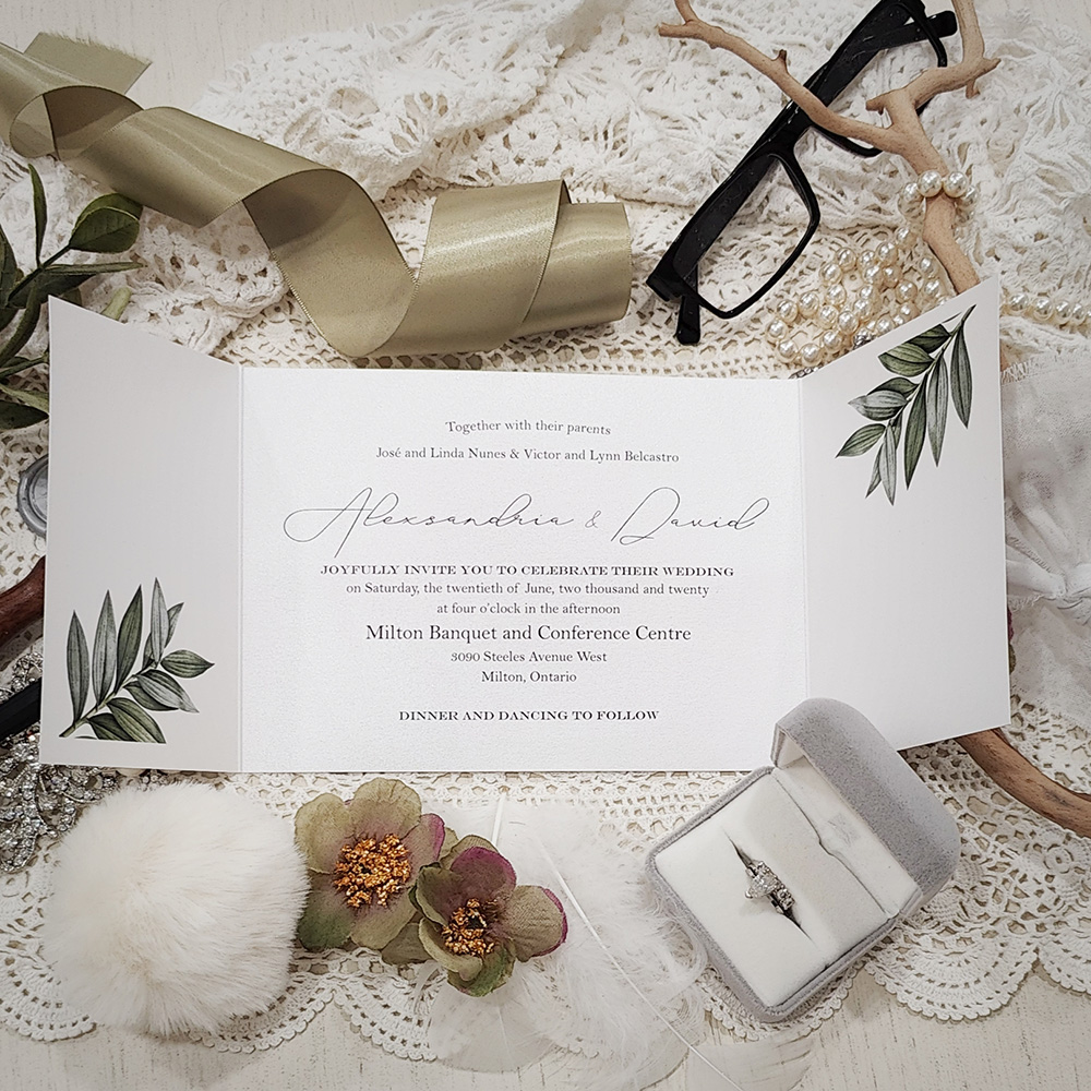 Invitation 3302: Ice Pearl, Silver Wax - Gatefold wedding card with a green floral print on cover along with silver branch wax seal.