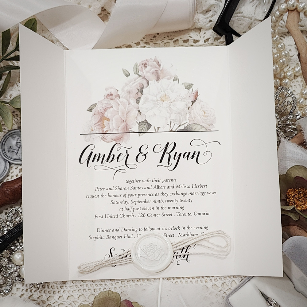Invitation 3304: Antique Pearl, Ivory Wax, String Ribbon - Gatefold design wedding card with a string and ivory wax seal embellishment.