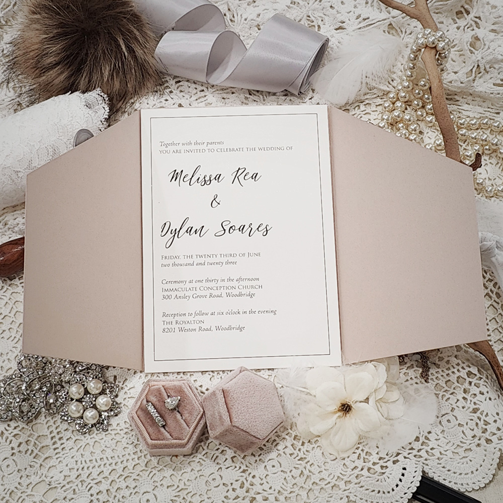 Invitation 3307: Blush Pearl, Cream Smooth, Silver Wax - Slanted gate fold wedding invite with a cream cardstock insert.  There is a vellum belly band and silver wax seal.