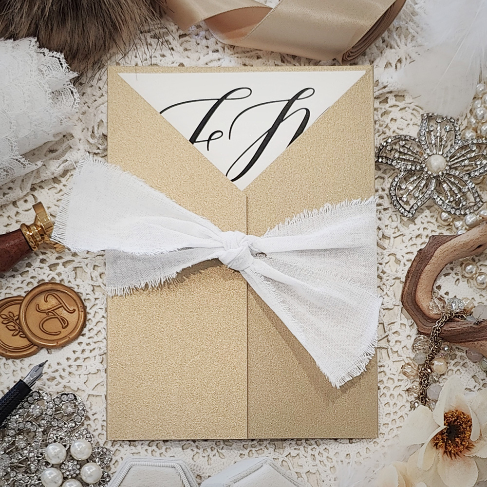 Invitation 3309: Gold Pearl, Cream Smooth, White Ribbon - Gold pearl gatefold wedding card with a white torn knot tied around.