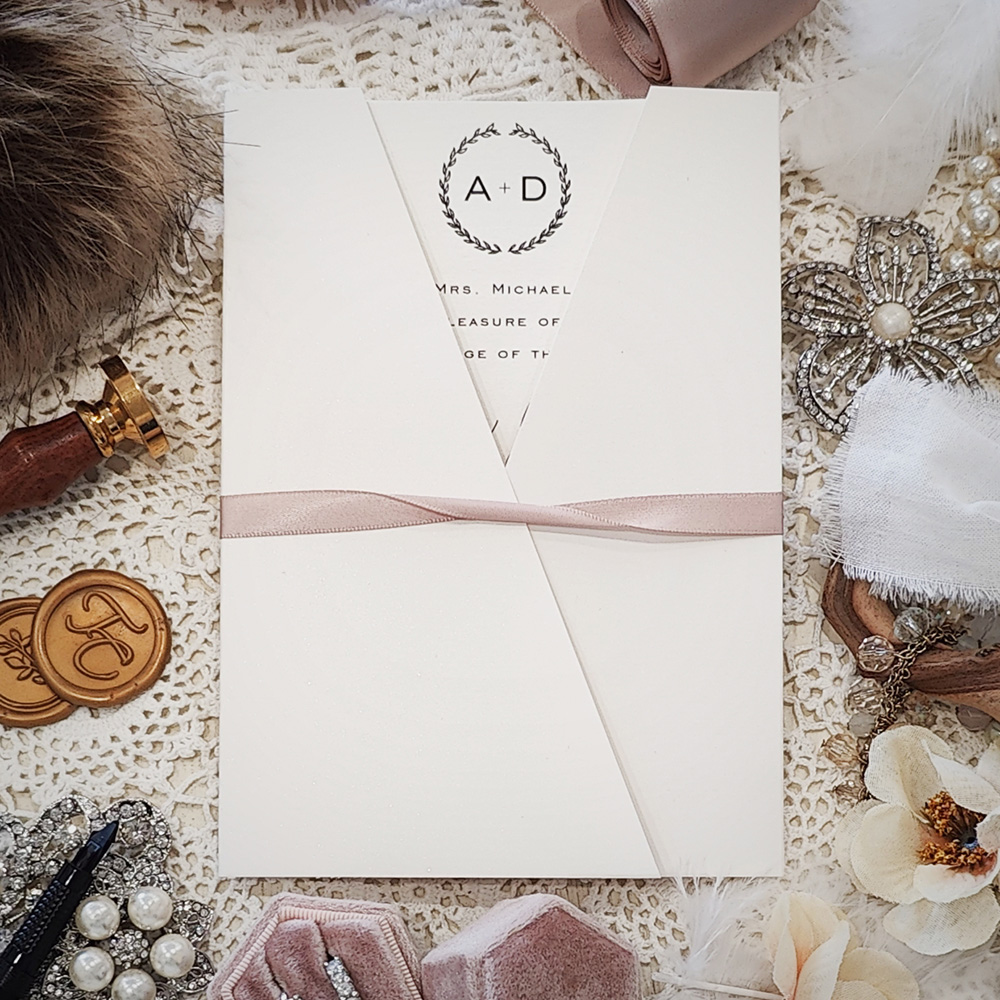 Invitation 3317: Antique Pearl, Blush Ribbon - Slant cut gate fold invite with a twisted blush ribbon.