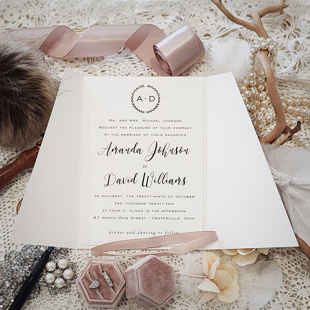 Invitation 3317: Antique Pearl, Blush Ribbon - Slant cut gate fold invite with a twisted blush ribbon.