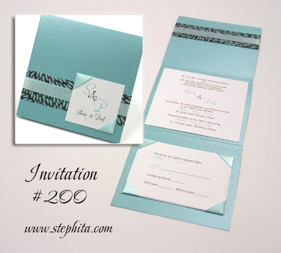 Invitation 200: Tiffany Pearl, Retro Brown & Aqua, White Smooth, Aqua Ribbon