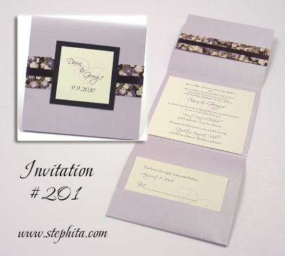 Invitation 201: Mango Pearl, Black Linen, Black & Purple Big Blossom, Cream Smooth, Eggplant Ribbon