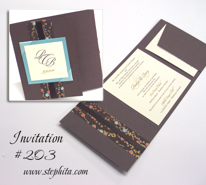 Invitation 203: N/A, Tiffany Pearl, Brown Cherry Blossom, Cream Smooth, Brown Ribbon, Aqua Ribbon