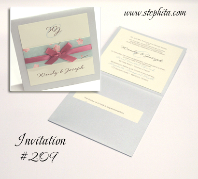 Invitation 209: Blue Plasma Pearl, New Aqua Single Blossom, Cream Smooth, Dusty Rose Ribbon