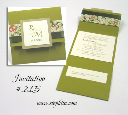 Invitation 215: Citron, Gold Pearl, Sage & Coral Big Leaf, Cream Smooth, Sage Ribbon