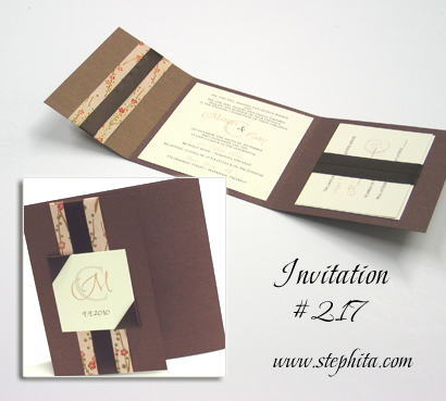 Invitation 217: Brown Pearl, Peach Cherry Blossom, Cream Smooth, Brown Ribbon