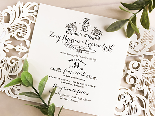 Invitation lc103: Glitter Silver, Silver Mirror, Cream Smooth - This is a silver glitter damask pattern gate fold laser cut wedding invite.  There is a silver mirror layered cover tag.