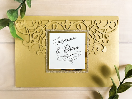 Invitation lc104: Metallic Gold, Gold Mirror, Cream Smooth - This is metallic gold laser cut pocket fold wedding invitation with a double layered cover tag.