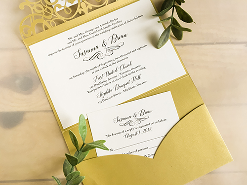 Invitation lc104: Metallic Gold, Gold Mirror, Cream Smooth - This is metallic gold laser cut pocket fold wedding invitation with a double layered cover tag.