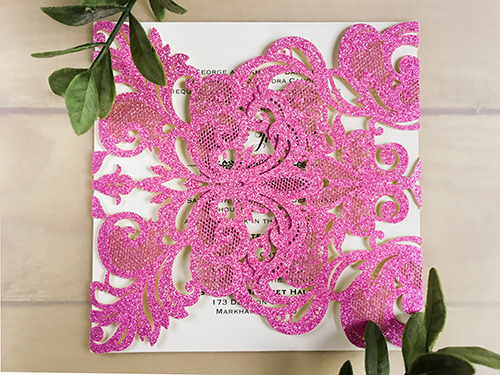 Invitation lc110: Glitter Hot Pink, Cream Smooth - This is a hot pink glitter paper laser cut wedding invitations.  It is a gate fold design.