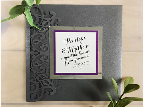 Invitation lc115: Grey Shimmer, Purple Pearl, Cream Smooth - This is a grey shimmer pocketfolder laser cut wedding invite.  There is a double layered cover tag.  Silver mirror and purple pearl are the backings.
