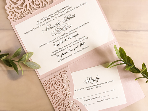 Invitation lc117: Blush Shimmer, Rose Gold Mirror, Cream Smooth - This is a blush shimmer pocket folder wedding invitation.  There is rose gold mirror cover tag glued to the rose pattern flap.